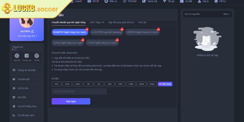 Nạp Rút Tiền luck8 2 Nạp tiền qua chuyển khoản
